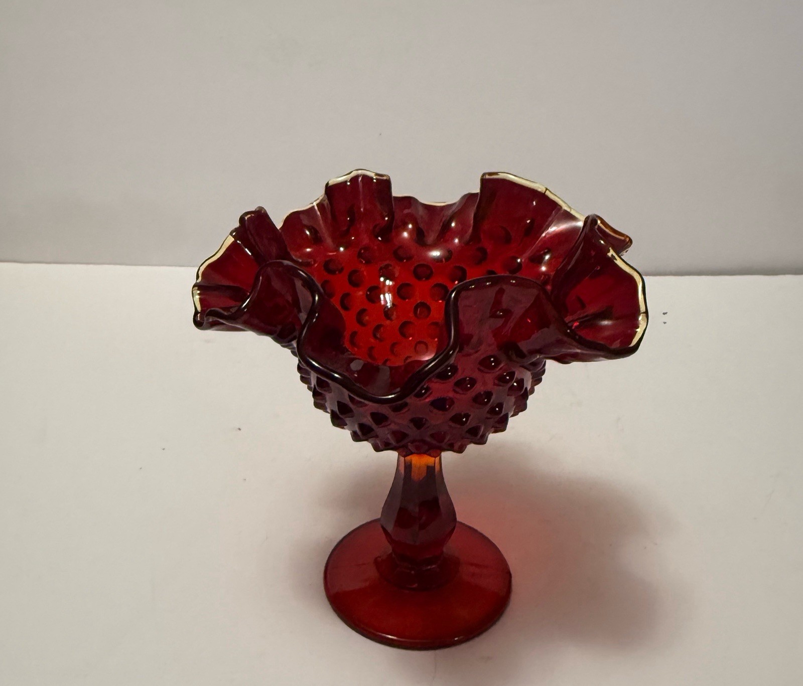 Vintage Fenton Ruffled Red Glass Hobnail Goblet 6.5