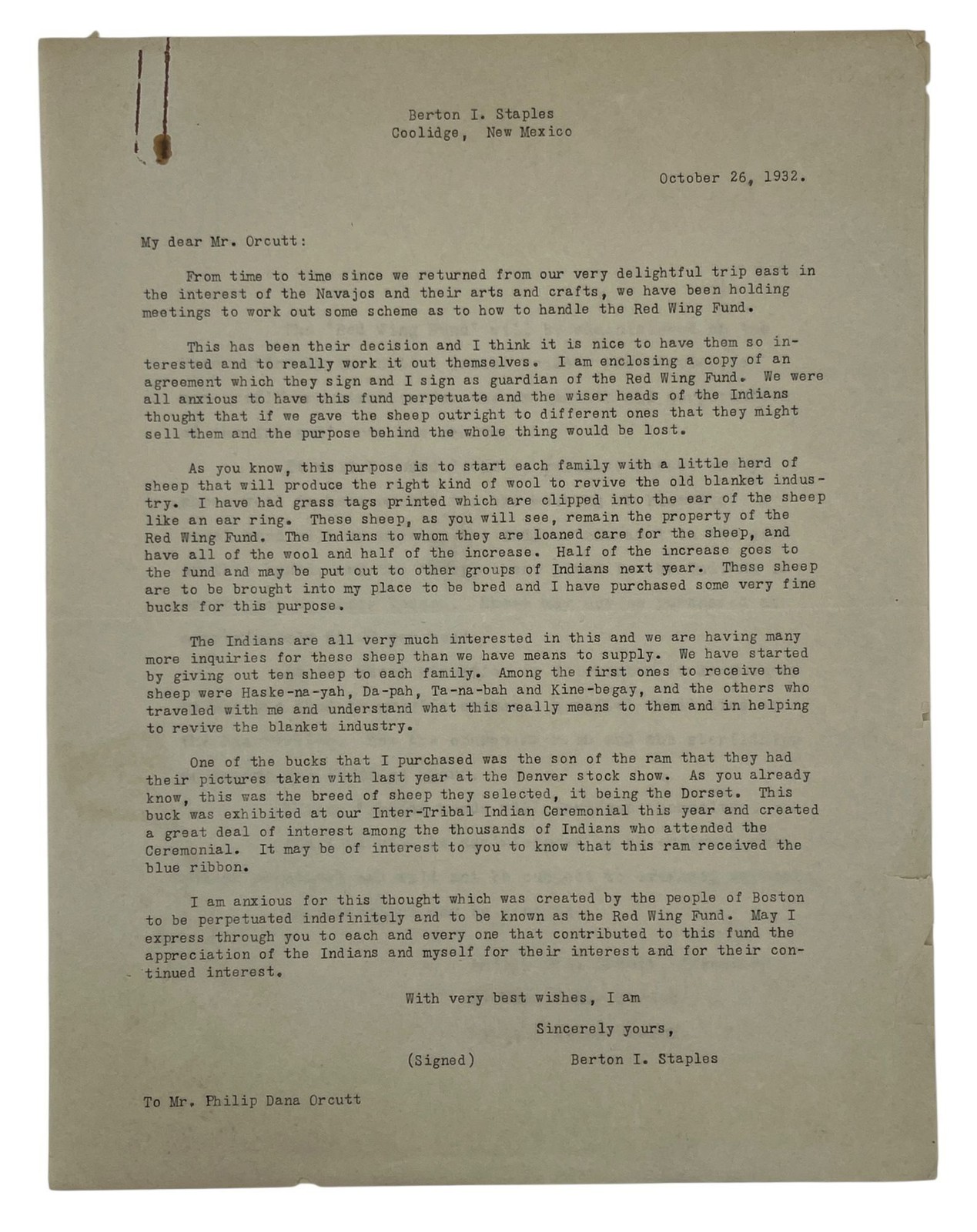 Berton I Staples / Letter by Native American Crafts Dealer in New Mexico 1932
