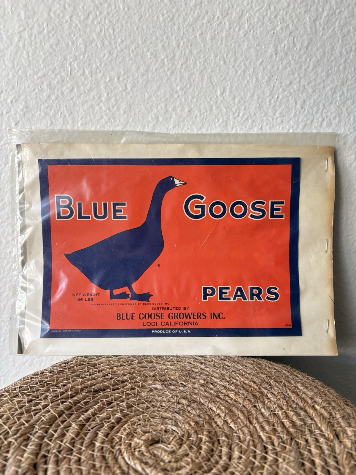 Original Vintage Blue Goose Pears Lithograph Fruit Crate Label Circa 1940s VTG
