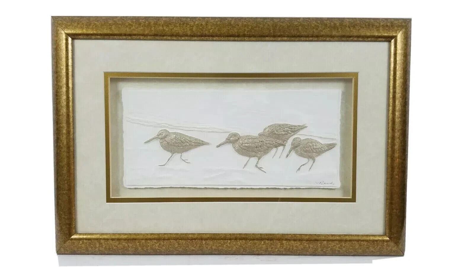 Shorebirds 3D Cast Paper Art Artist Signed Framed Shadowbox Vintage Beach Art