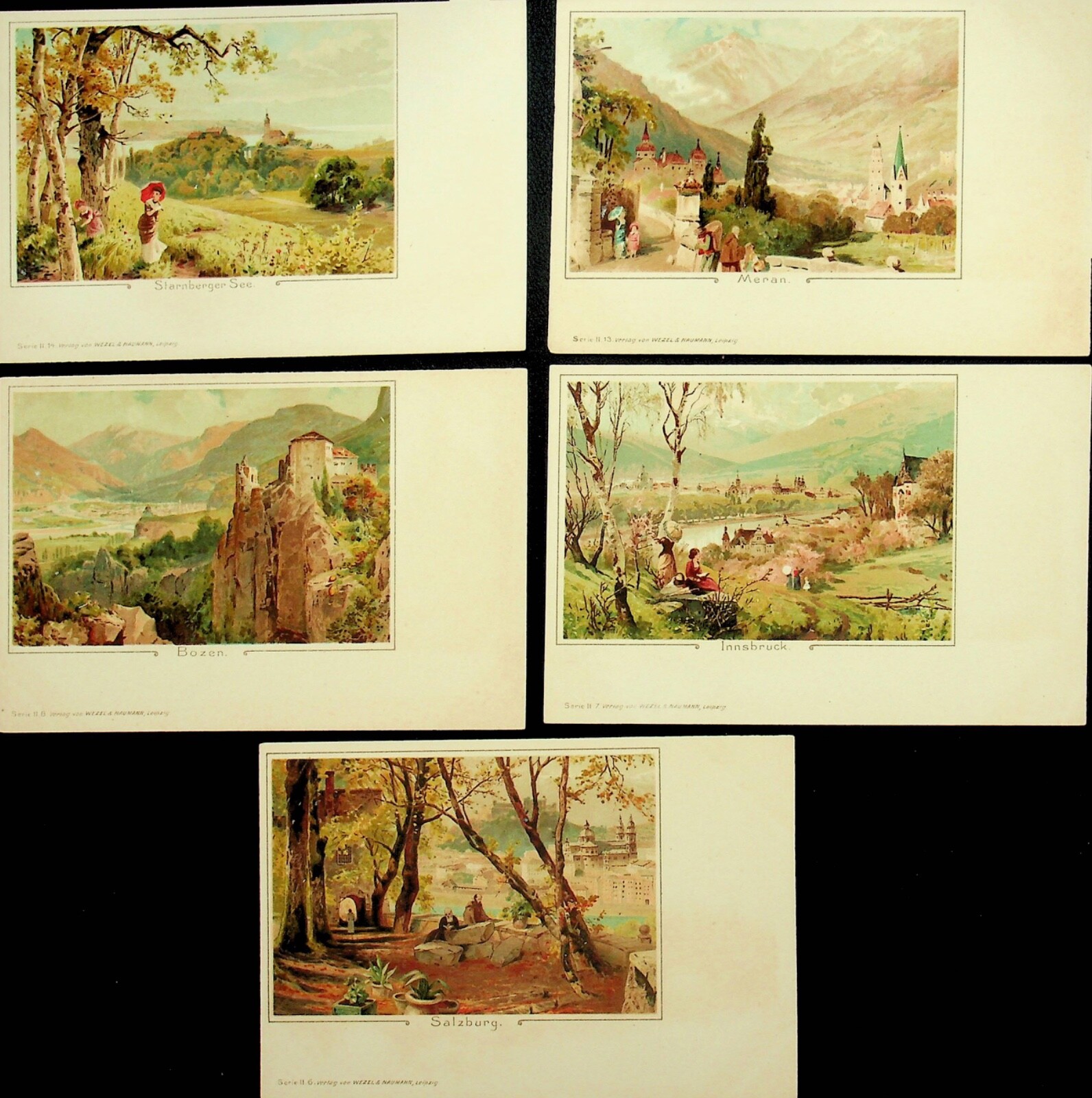 FIVE WEZEL & NAUMANN SERIE II LITHO ANTIQUE UDB POSTCARDS AUSTRIA - GG-123-2