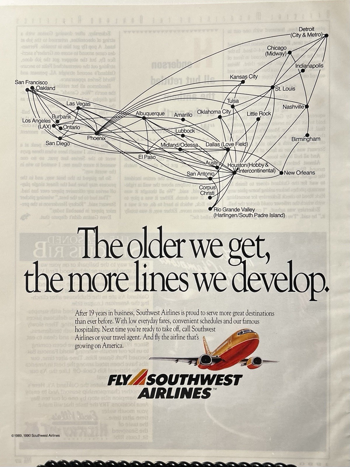 1990 Southwest Airlines Vintage Magazine Ad 8.5 x 11 with Fight Map Offerings