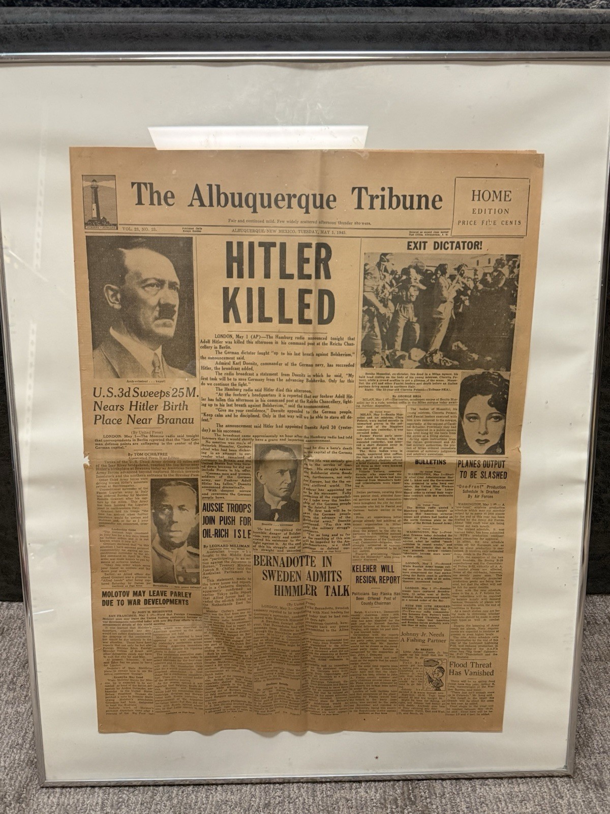 *RARE*  Original Vintage WWII Newspaper Article from May 1st 1945