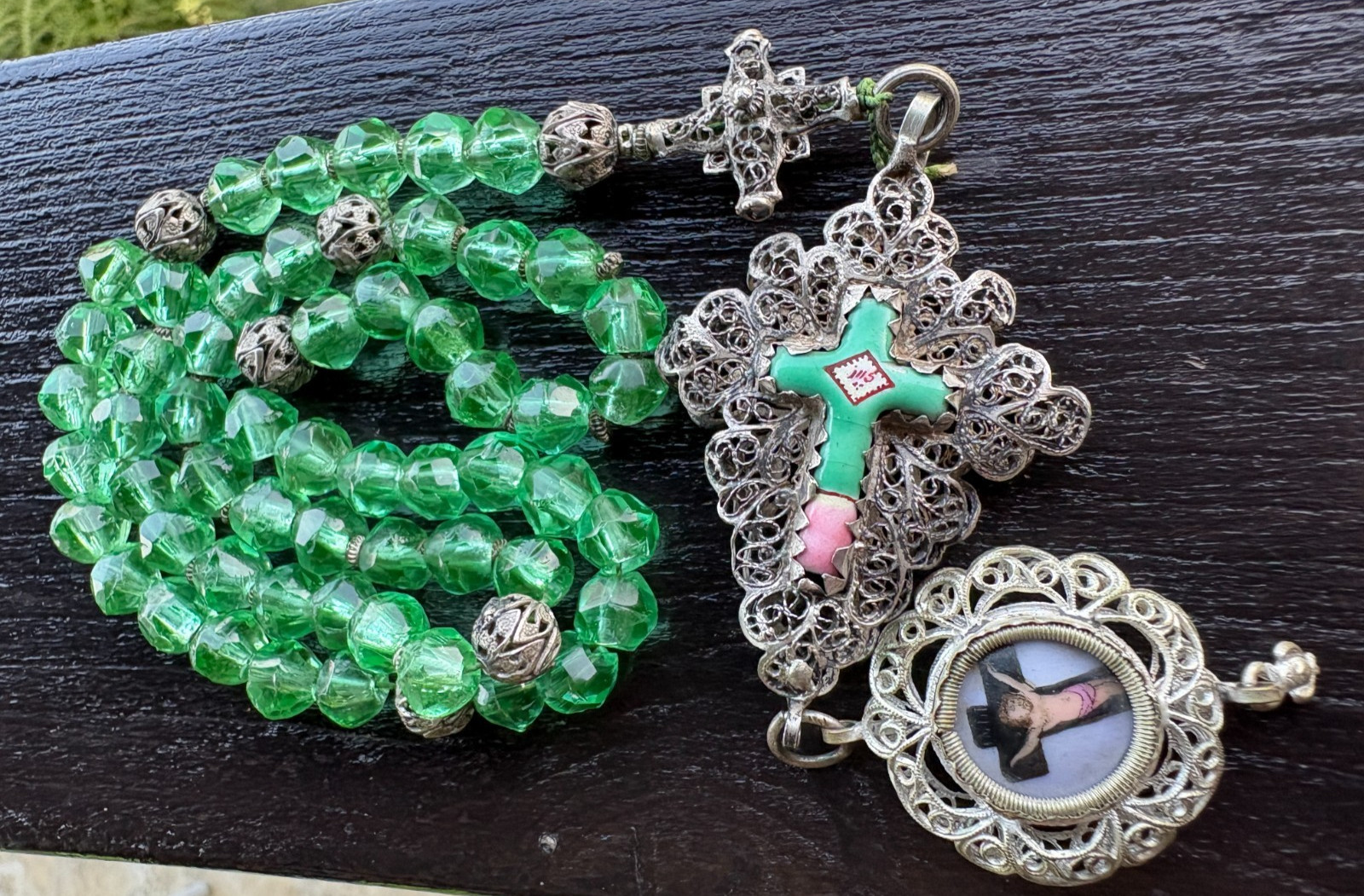 Antique Silver Uranium Vaseline Glass Rosary Altötting Enamel Filigree Catholic