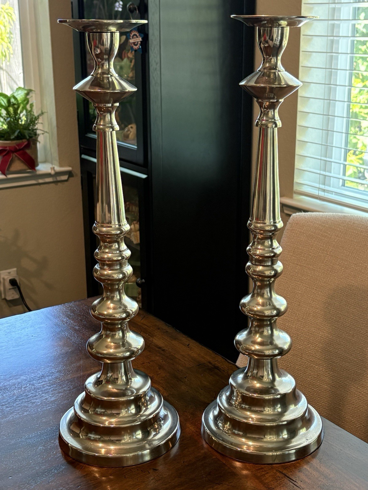 Pair Of 22 1/2” Heavy Silver Finish Metal Candle Holders/Candlesticks 