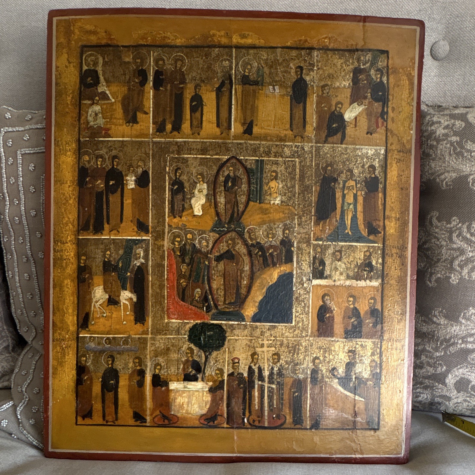 Antique Large Orthodox Christian Icon Painted Panel with Multiple Saint Scenes.