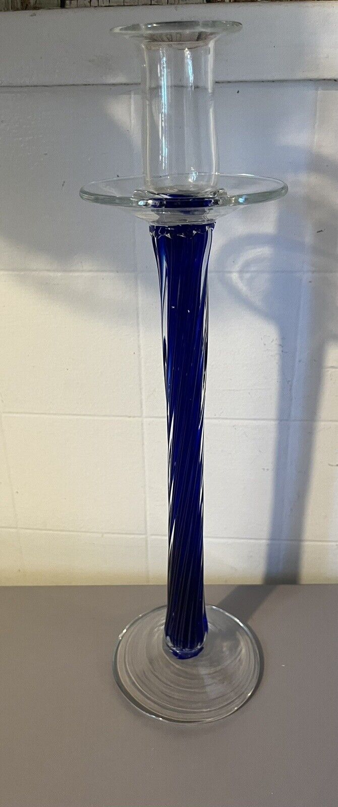 Vintage Cobalt Blue Glass Tall Twisted Candle Stick Holder 13.5”