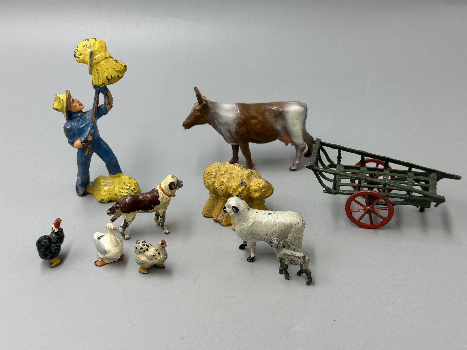 Vintage BRITAINS Lead Farm Lot Farmer Cow Dog Sheep Chicken Lot 10pc