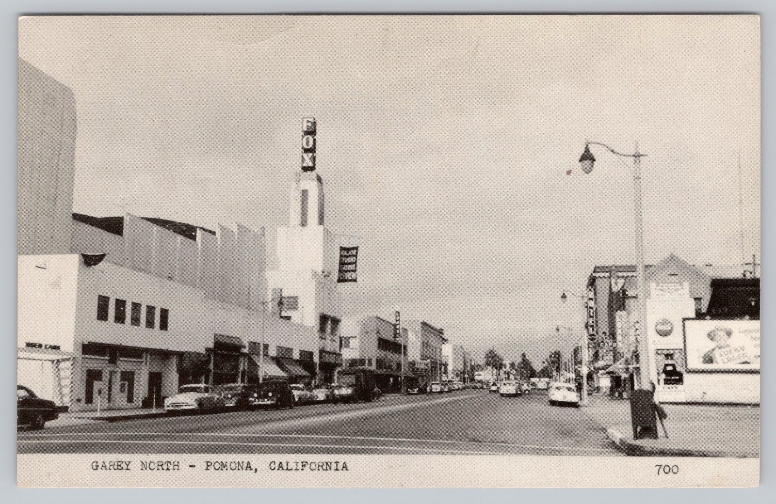 Garey Ave, Fox Movie Theater, Hotel, Cafe, Pomona CA California Postcard 1950s