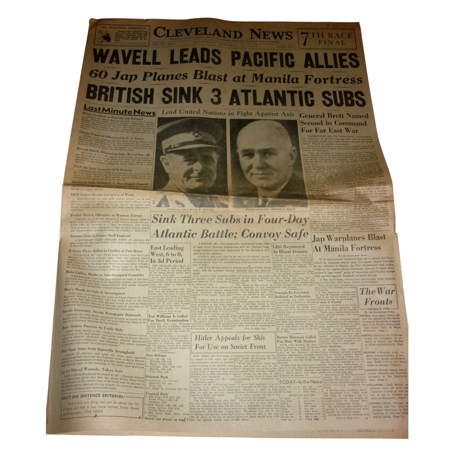 Vintage Jan 3 1942 Cleveland News Newspaper WWII General Wavell ABDACOM Manila