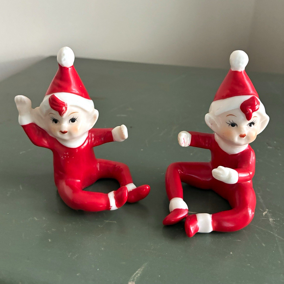 Lefton Elf Figurines Set of 2 Red/White Glossy 4 in Christmas