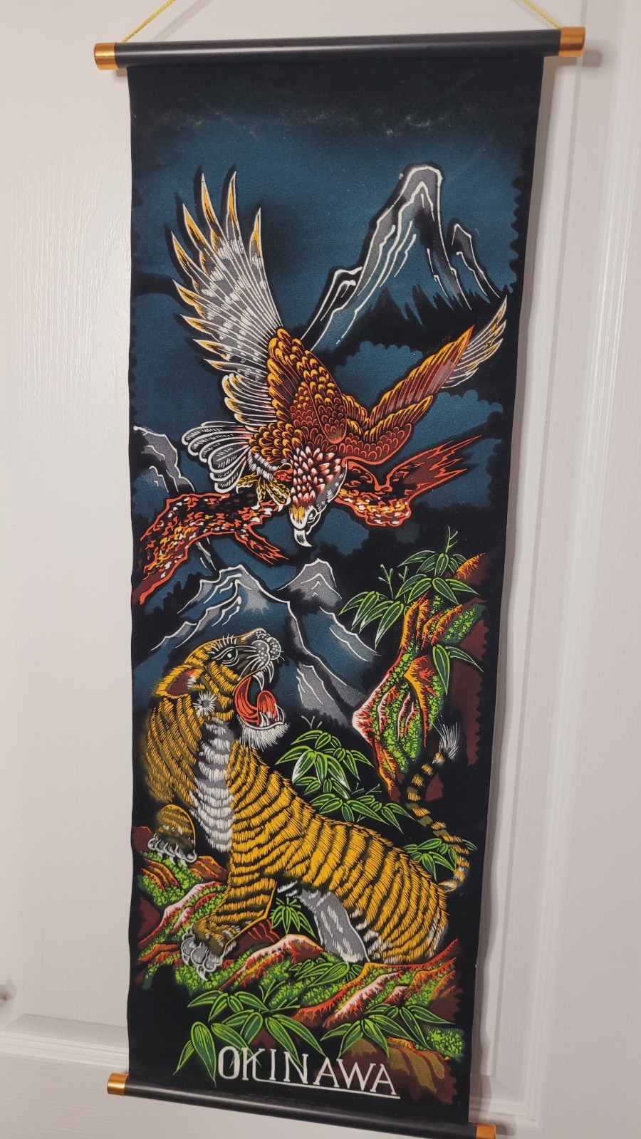 Vintage Okinawa Japan Souvenir Wall Scroll Black Velvet Eagle Tiger Art Hanging
