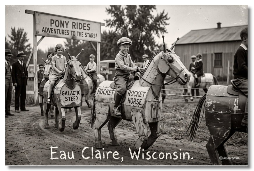 Vintage‑STYLE  ART 1930s RPPC-PONY RIDES EAU CLAIRE WISCONSIN-FAUX PHOTO