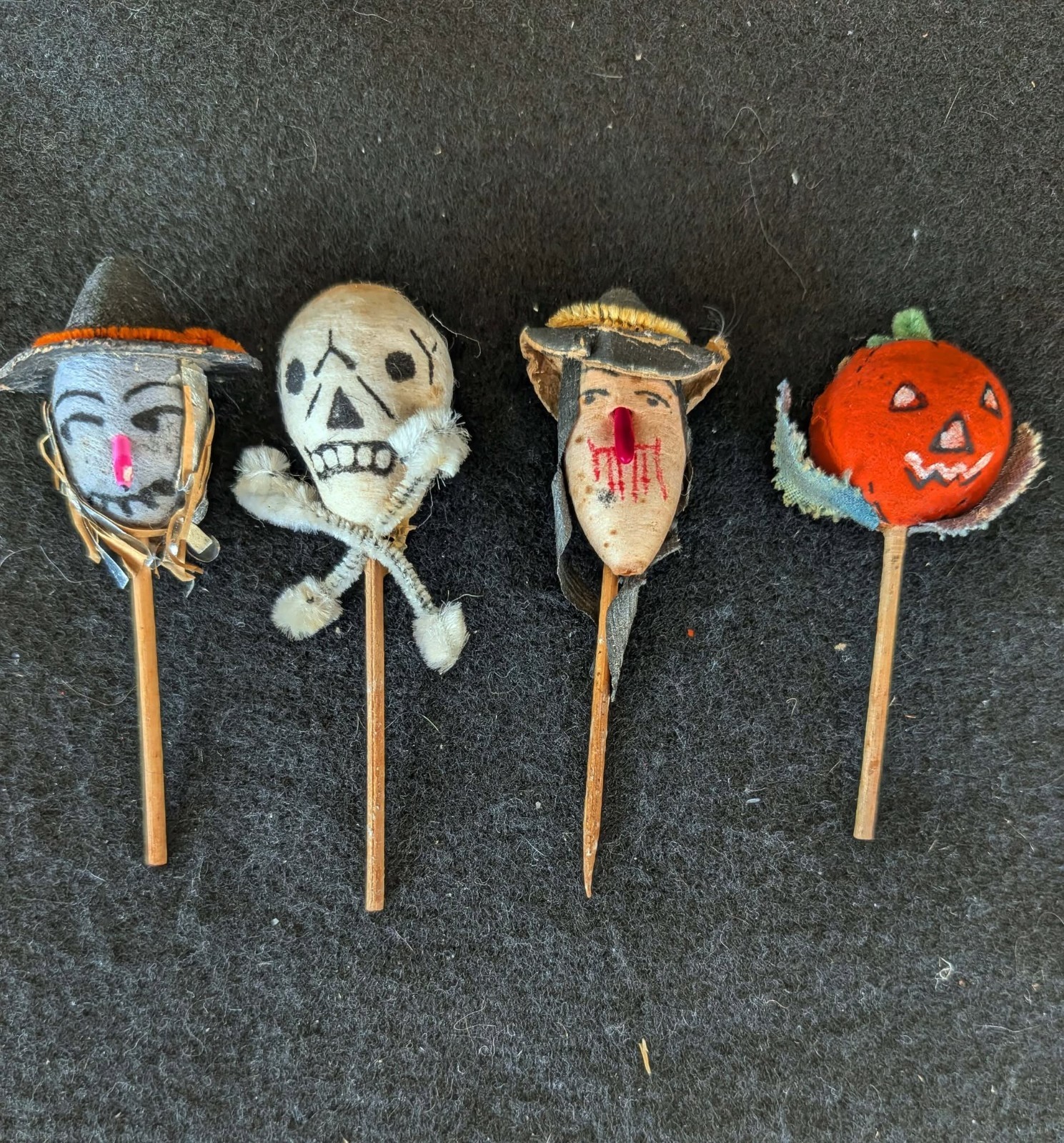 Vintage Halloween Spun Cotton Cupcake Picks Scarecrow Skull Witch Pumpkin