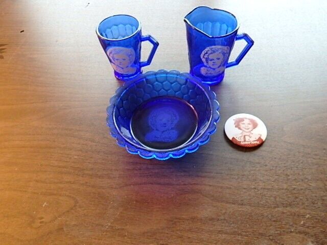 3 Pc. Cobalt Blue Shirley Temple Cereal Bowl Mug and Creamer Picture & Button