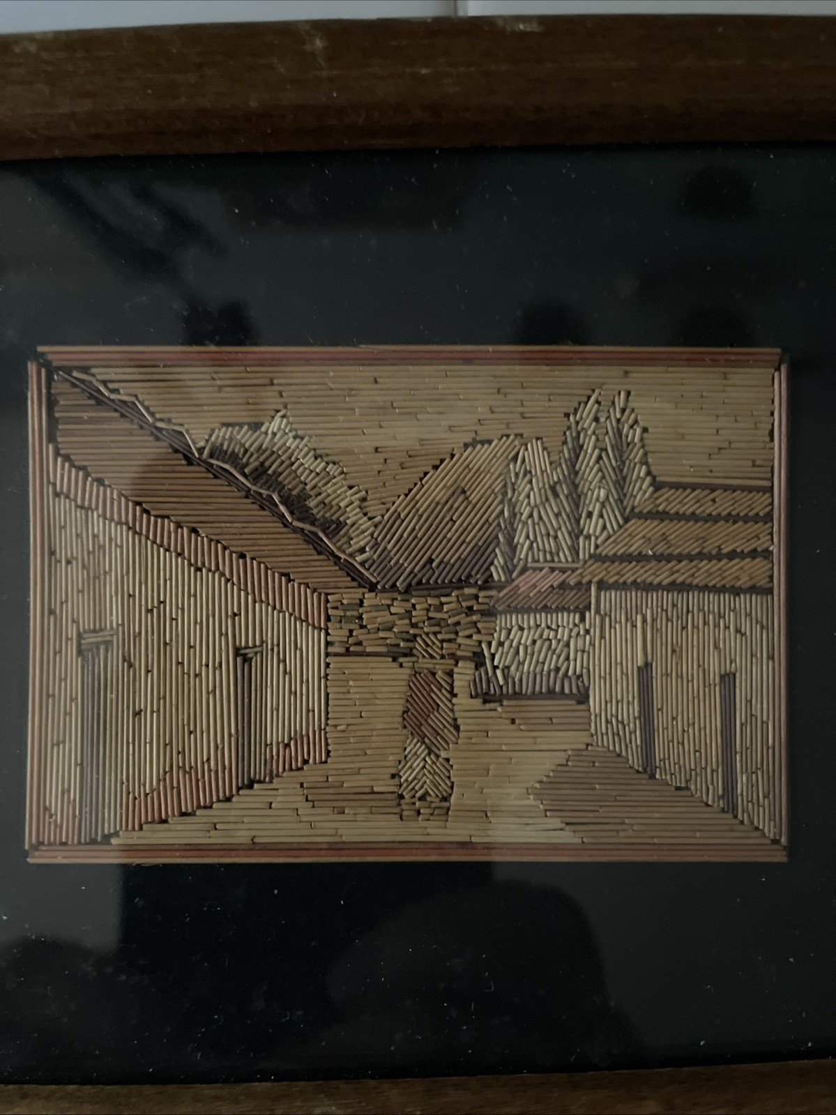 Vintage Mexican Popotillo Straw Art Old Mexico Village Mountains In Background