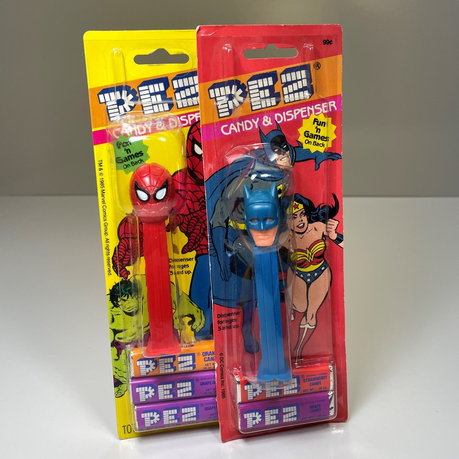 Vintage 1985 Batman and Spiderman PEZ Dispensers DC Comics - MOC