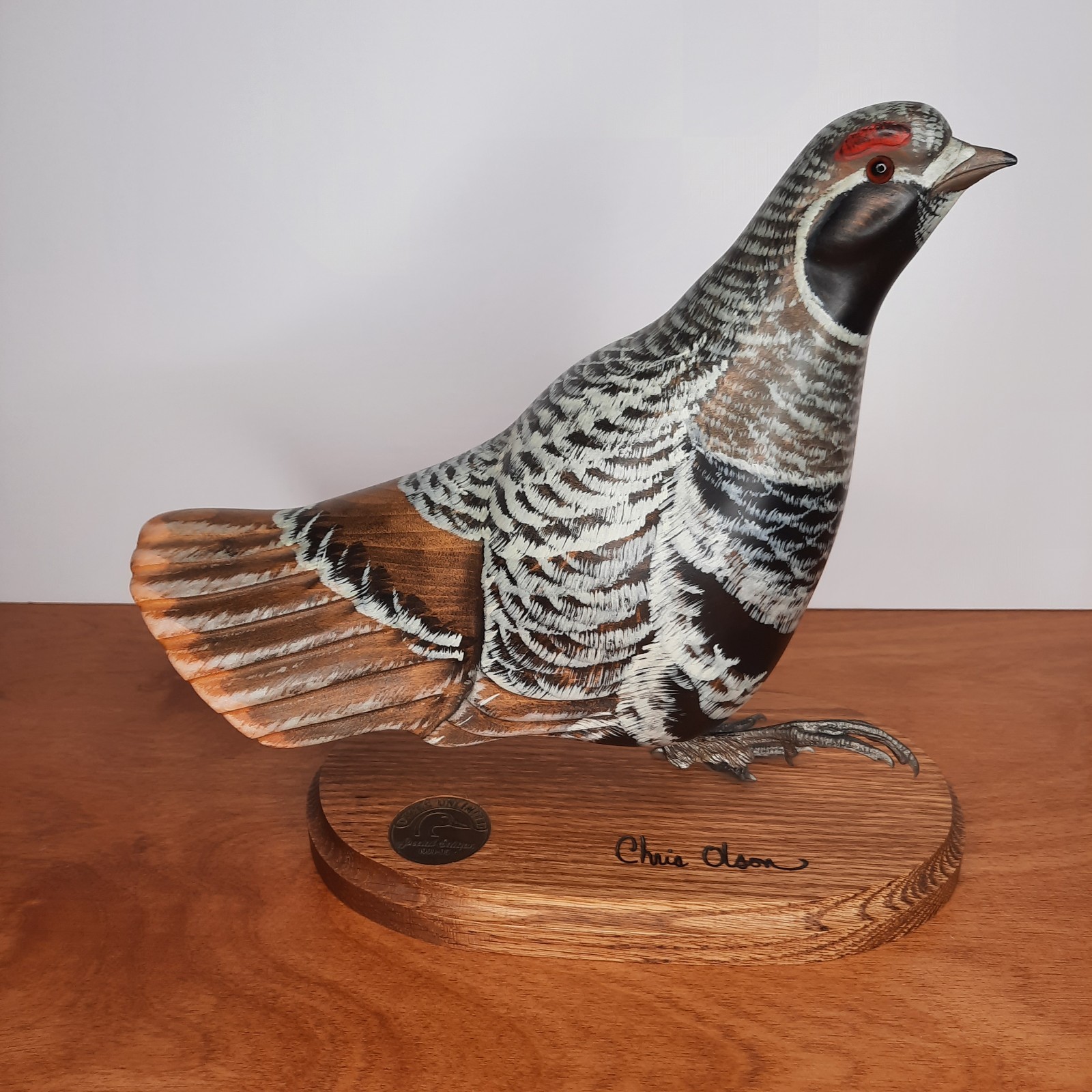 Ducks Unlimited Spruce Grouse Wood Sculpture by Chris Olson 1994-95