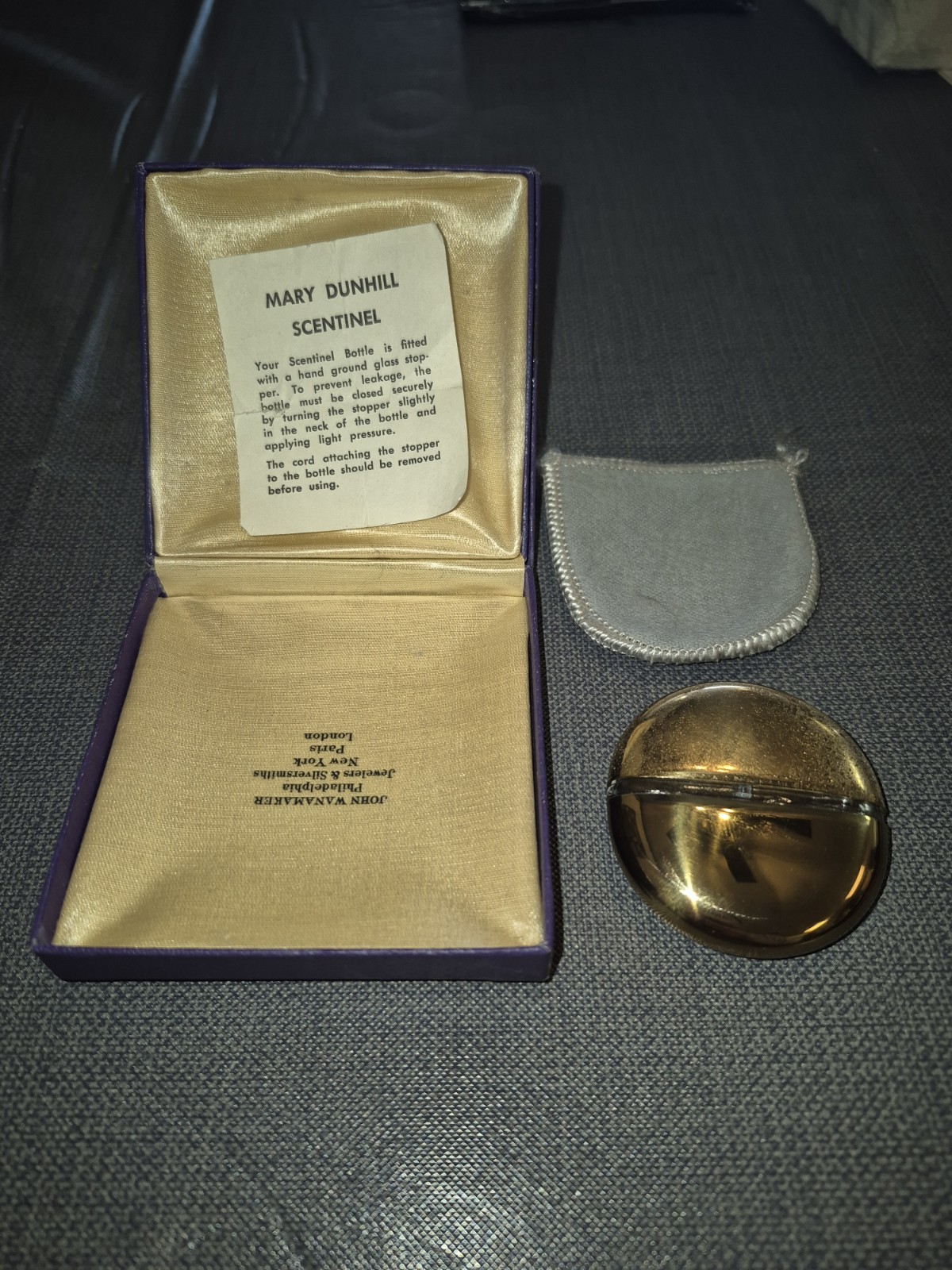 Vintage Perfume Bottle Mary Dunhill Travel Glass Bottle, Shiny Round Brass Case