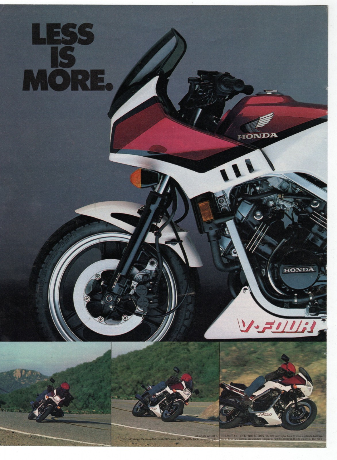 Vintage 1984 Honda VF500F Interceptor 2-Page Motorcycle Ad “Less Is More”