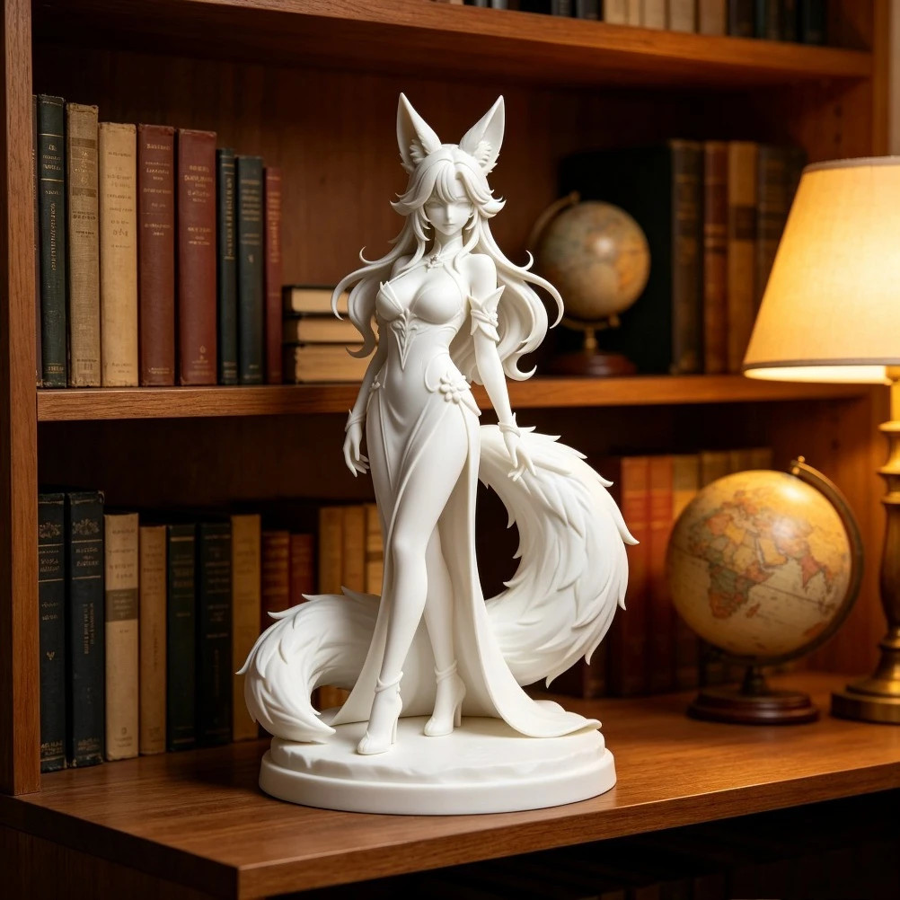 Fox Spirit Kitsune Figurine Large Fluffy Tail Anime Statue Gaming Desk Decor Toy