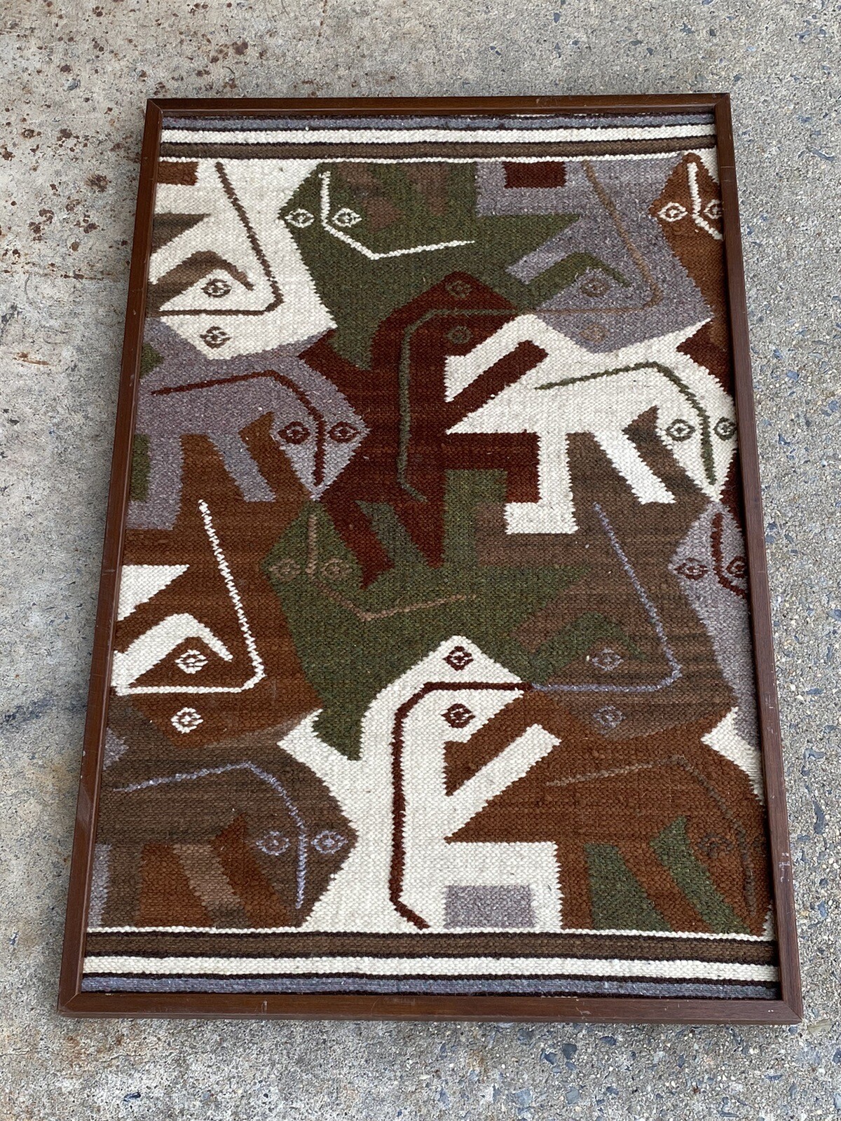 Vintage Framed South American ~ Peruvian Reptile Iguana Wool Woven Tapestry