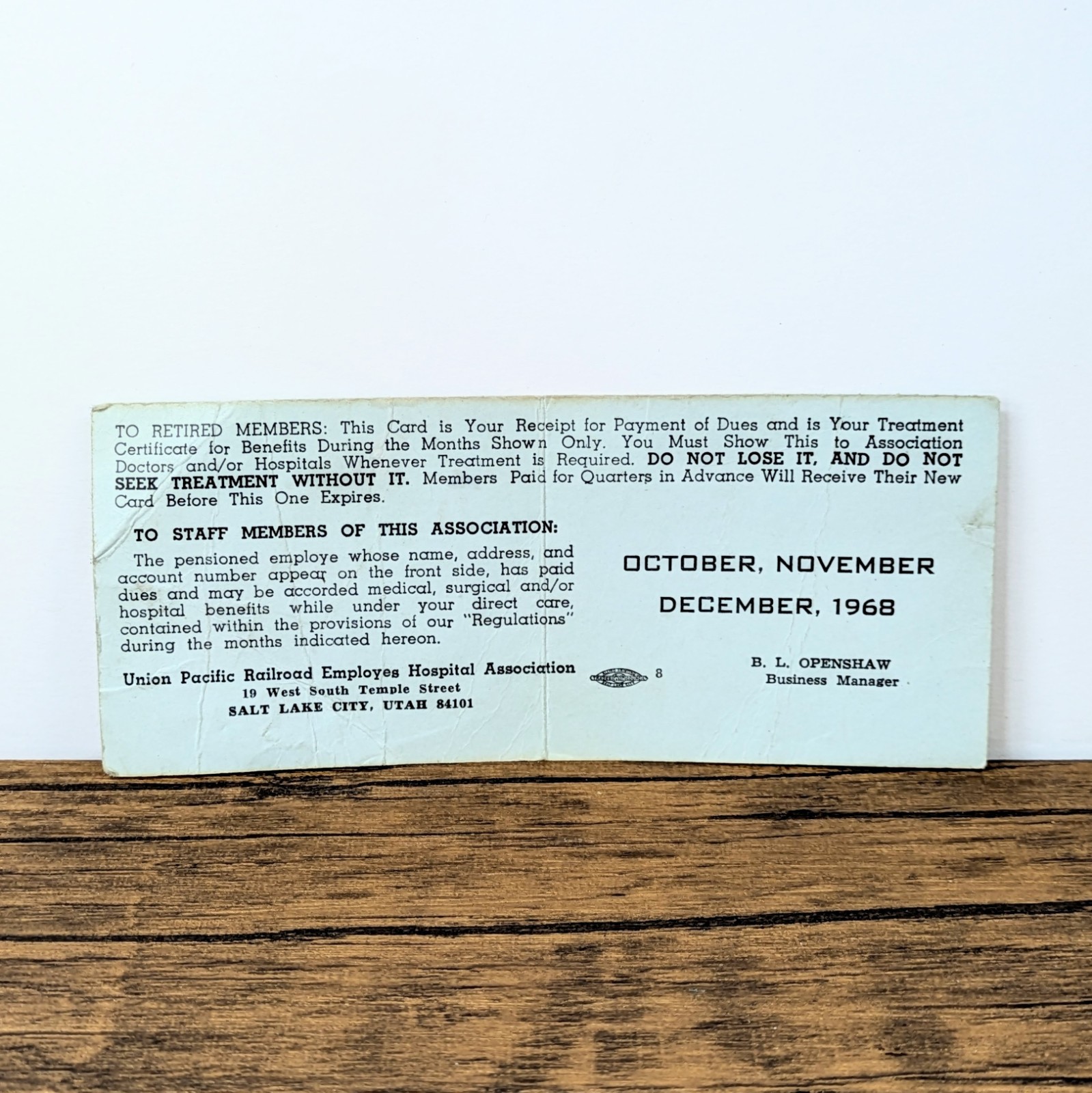 Vintage - 1968 Treatment Certificate & Receipt Card - Union Pacific Railroad