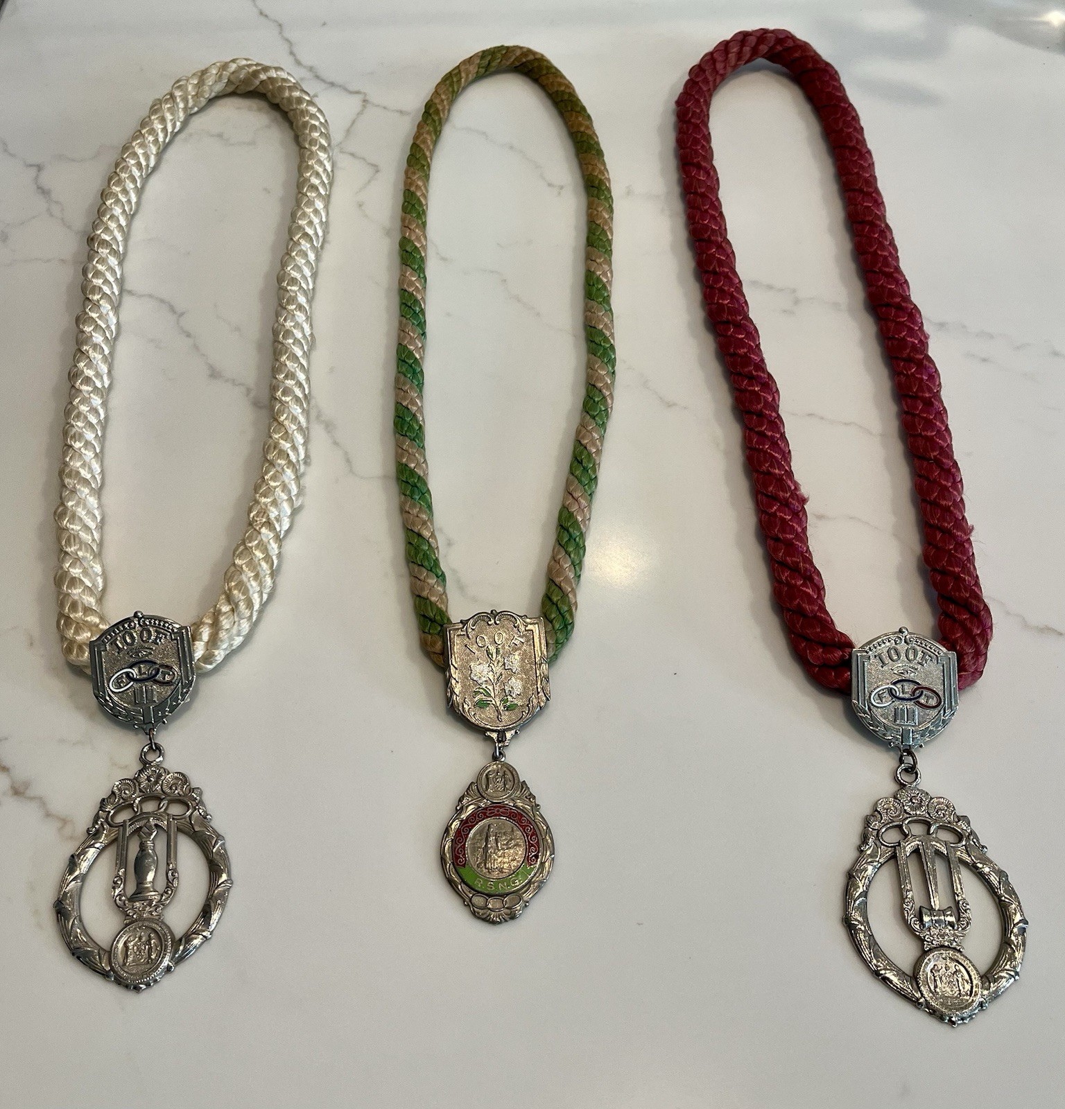 3 Vintage IOOF Odd Fellows Medals w/ Rope Lanyard