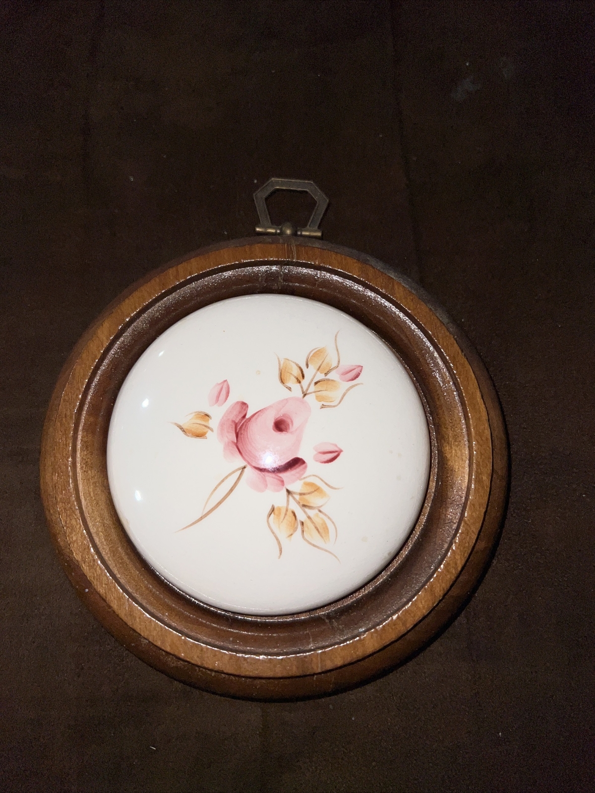 Vintage Wood Framed Round Ceramic Wall Hanging Art Floral Handpainted Rose 5”