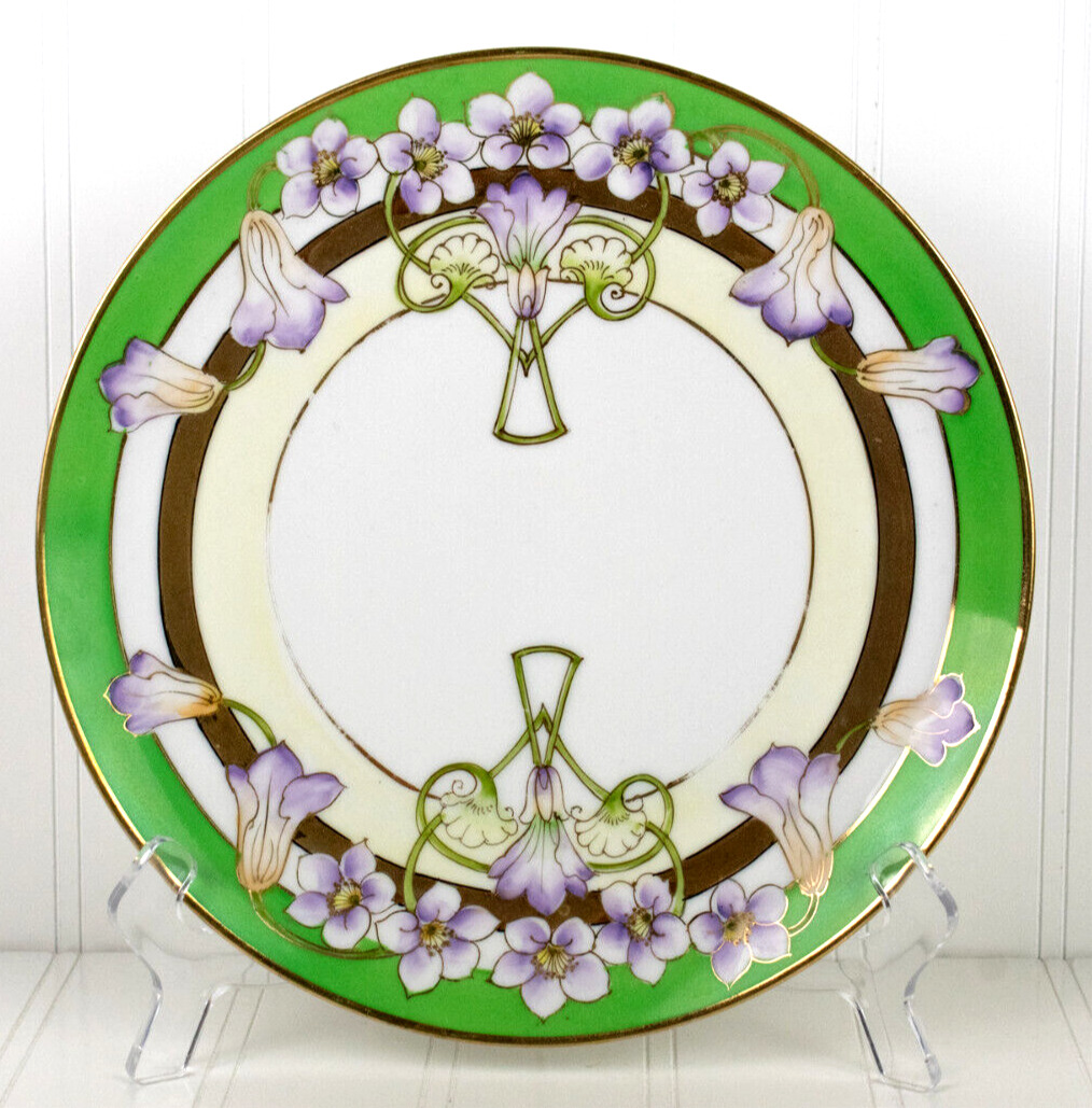 Antique Art Nouveau Nippon Moriage Gilt Plate~Lavender & Greens Florals~9”