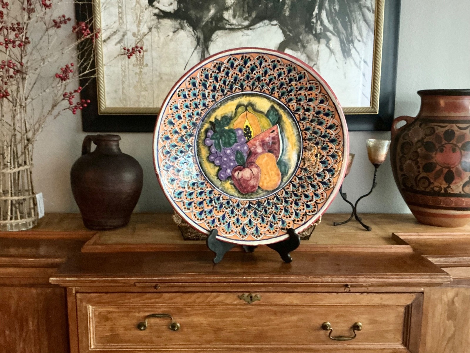 Large 20” Vintage Mexican Talavera Platter Hand Painted Majolica Charger