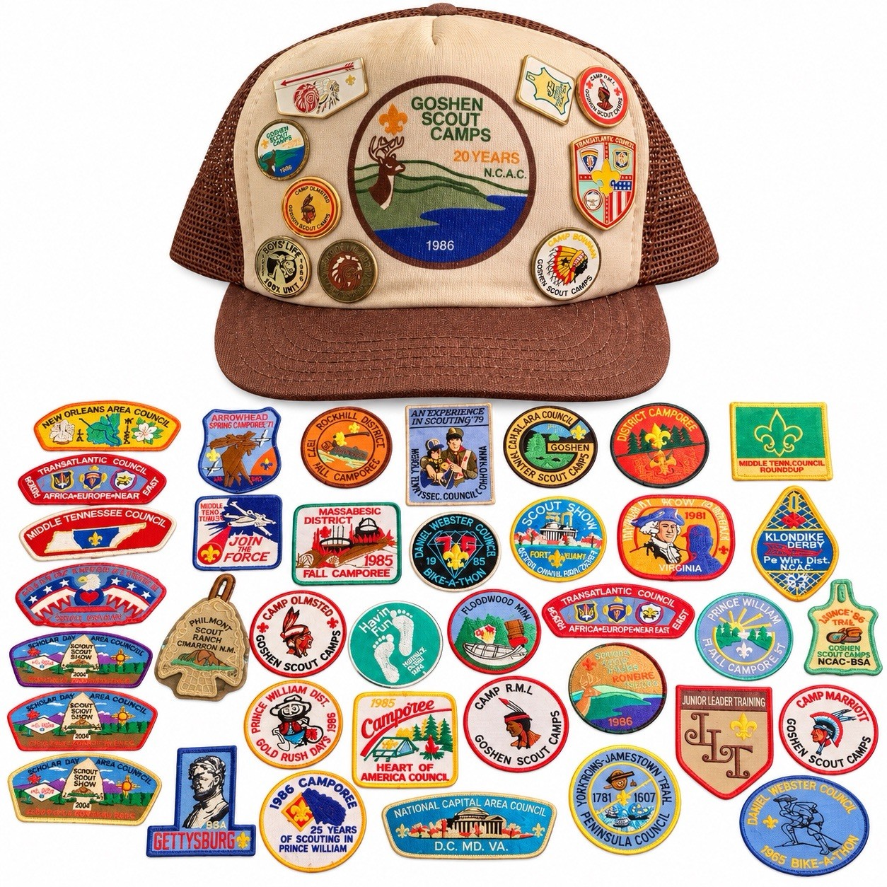 Vintage BSA Boy Scout Patch Lot 1970s 1980s 2002 Goshen 1986 Hat Pins NCAC