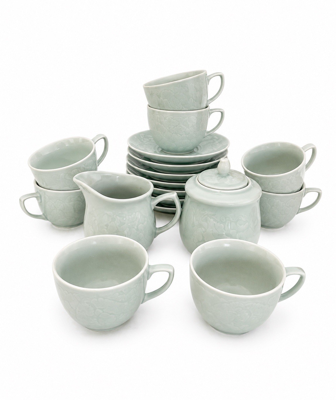 18 Pc Lot Of Chinese Celadon green Koi fish handled cups Saucers Sugar Creamer