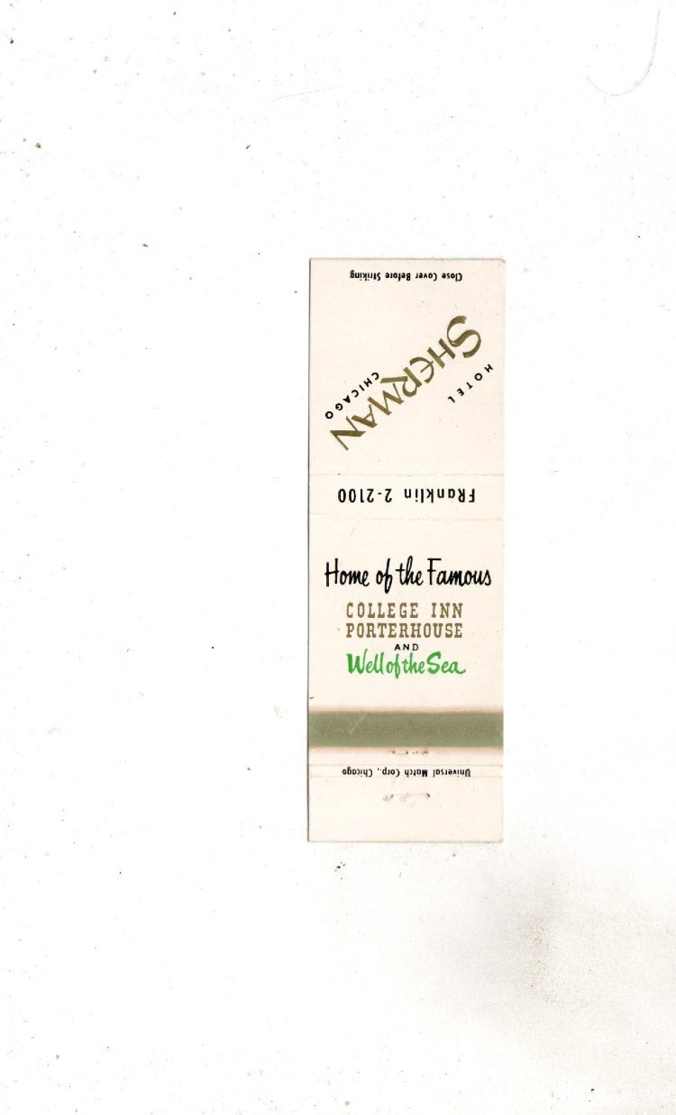 Vintage Matchcover Hotel Sherman Chicago Vintage Matchcover Hotel Sherman Chicago
