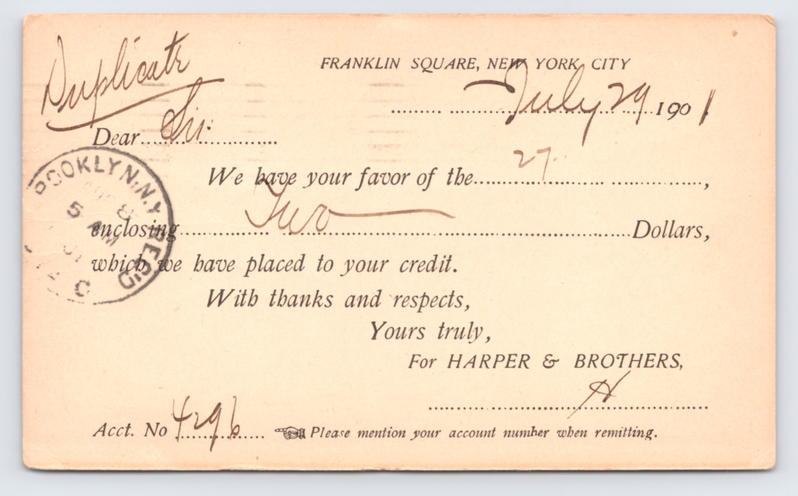 1901 Harper & Brothers Postal Card New York NY Publishing House Brooklyn Cancel