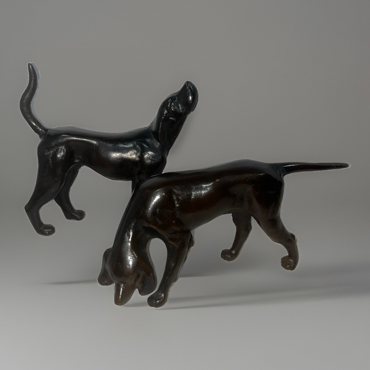 Vintage Heavy Pair of Patinated Iron Sculptures Hunting Dogs Bookends Door Stops