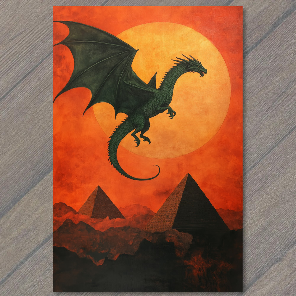 POSTCARD Green Dragon Flying Over Pyramids Red Sky Giant Sun Fiery Egypt POSTCARD Green Dragon Flying Over Pyramids Red Sky Giant Sun Fiery Egypt