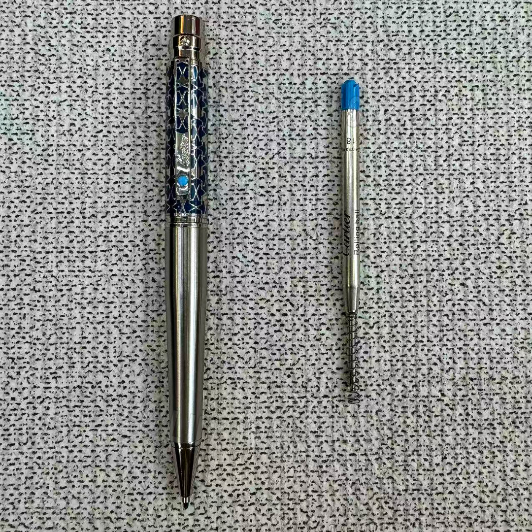 CARTIER Santos Dark Blue Guilloché Pattern Ballpoint Pen Silver Tone 🖋BID CARTIER Santos Dark Blue Guilloché Pattern Ballpoint Pen Silver Tone 🖋BID