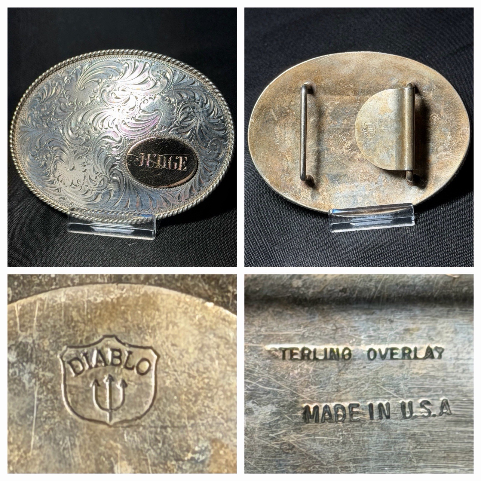 Vintage DIABLO Engraved Sterling Silver Overlay Belt Buckle