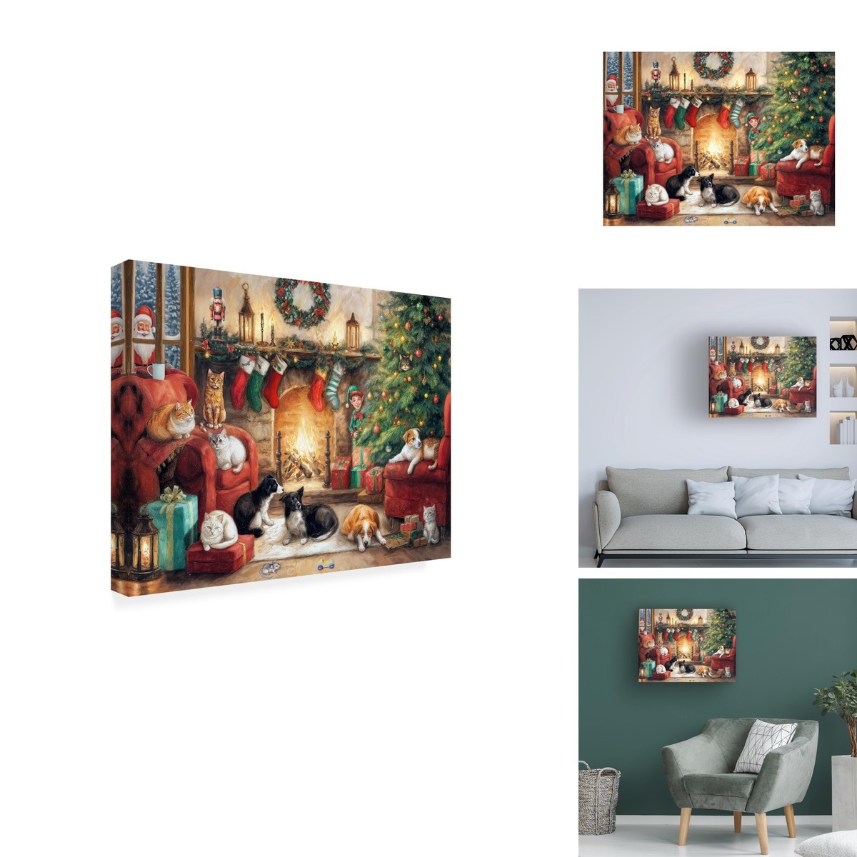 Trademark Fine Art Wrapped Canvas Christmas Time Cats Dogs Cozy Fireplace 18x24