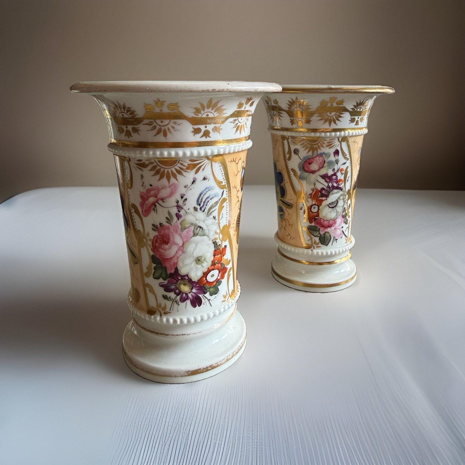 2 Antique Coalport Spill Vases, Polychrome Botanical & Gilt Decoration 5” C1810