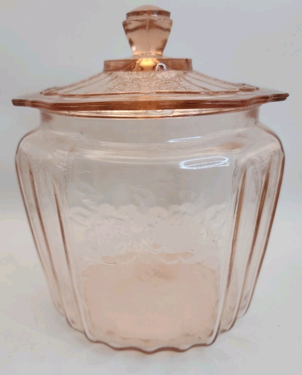 VTG 1930 Anchor Hocking Princess Pink Depression Glass Cookie Jar W/Etched Daisy