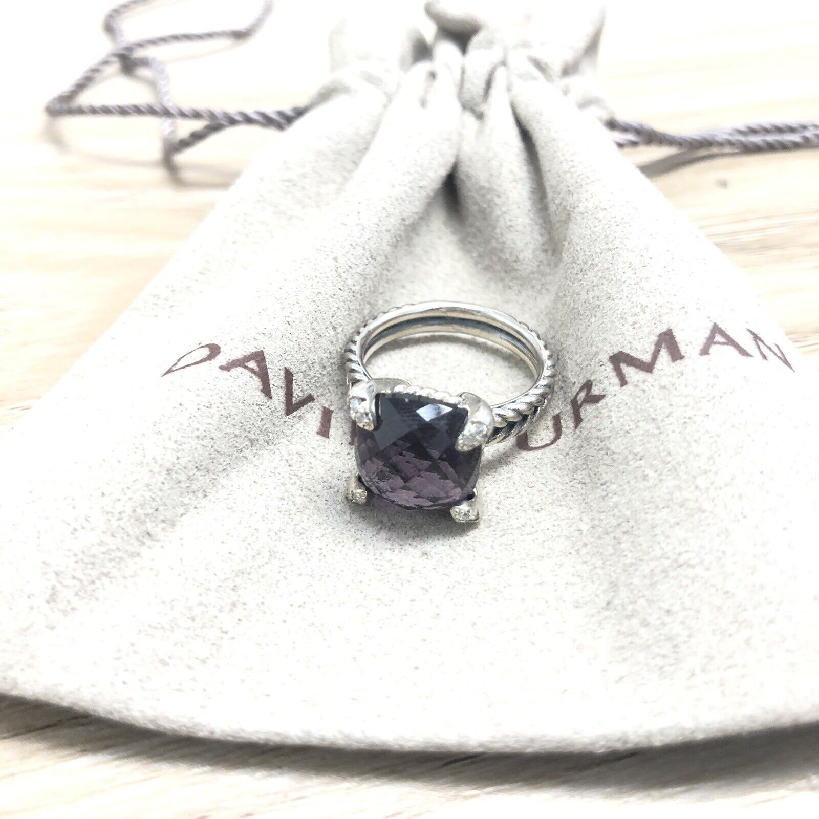 David Yurman Sterling Silver 11mm Chatelaine Ring w/Amethyst & Diamonds Size 6