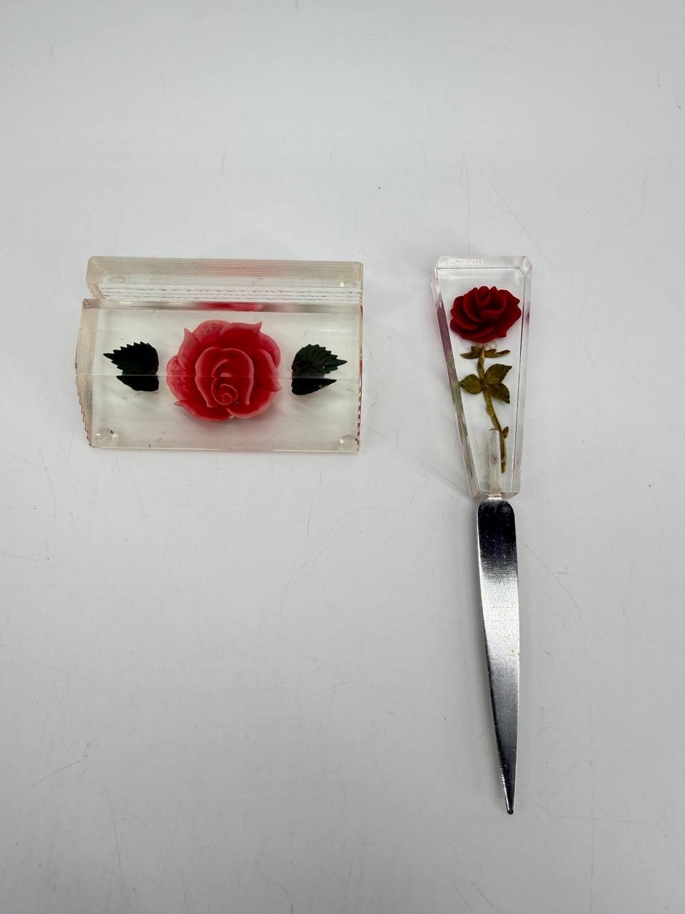 Vintage Clear Acrylic Red Rose Letter Opener and Card Holder Floral Desk Set