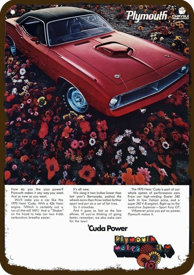 1970 PLYMOUTH 426 Hemi Cuda -Cuda Power- Vntg-Look DECORATIVE REPLICA METAL SIGN 1970 PLYMOUTH 426 Hemi Cuda -Cuda Power- Vntg-Look DECORATIVE REPLICA METAL SIGN