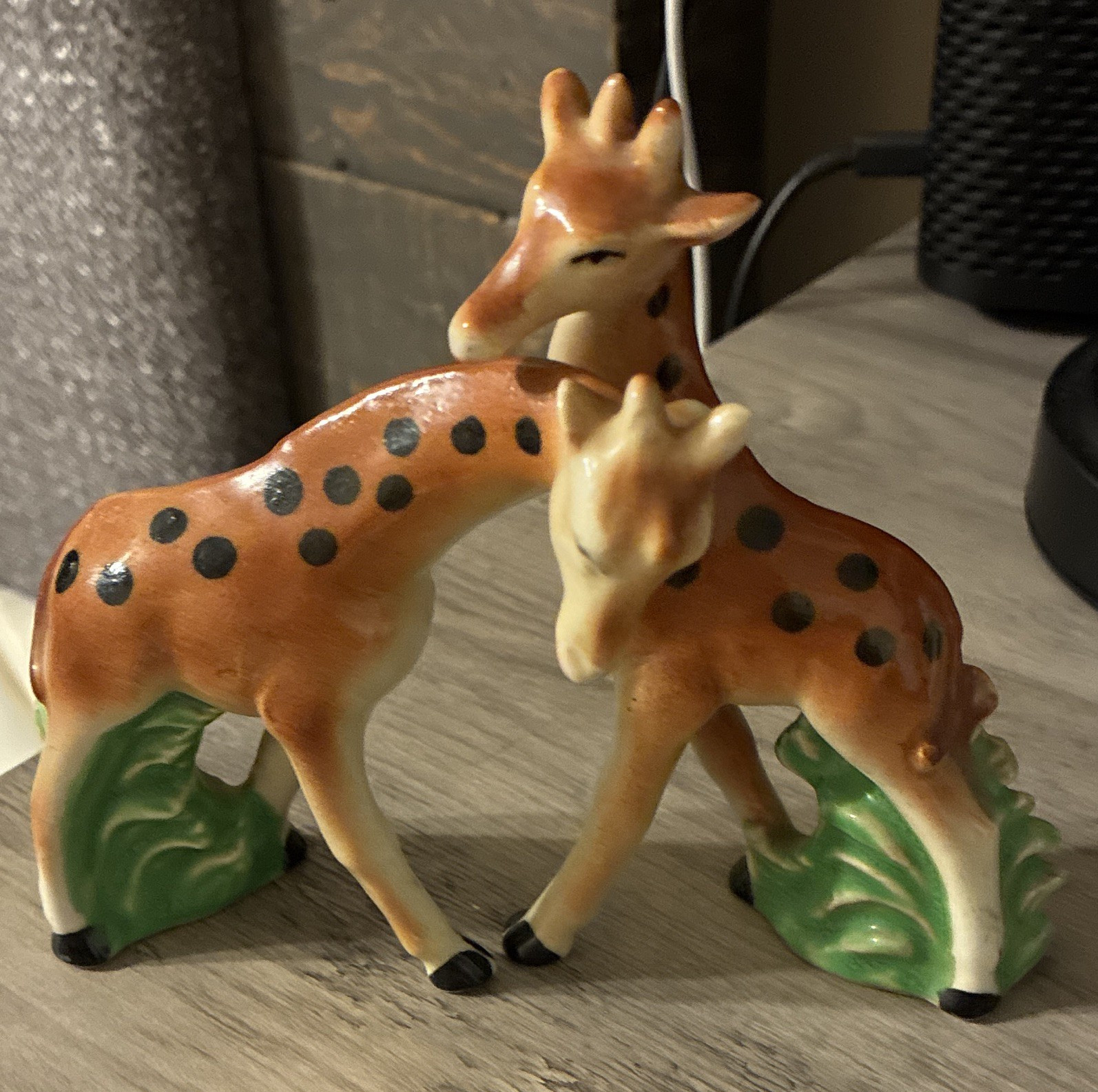 Ceramic Giraffe Figurines Pair Spotted Brown & Cream Green Base Marked Japan Ceramic Giraffe Figurines Pair Spotted Brown & Cream Green Base Marked Japan