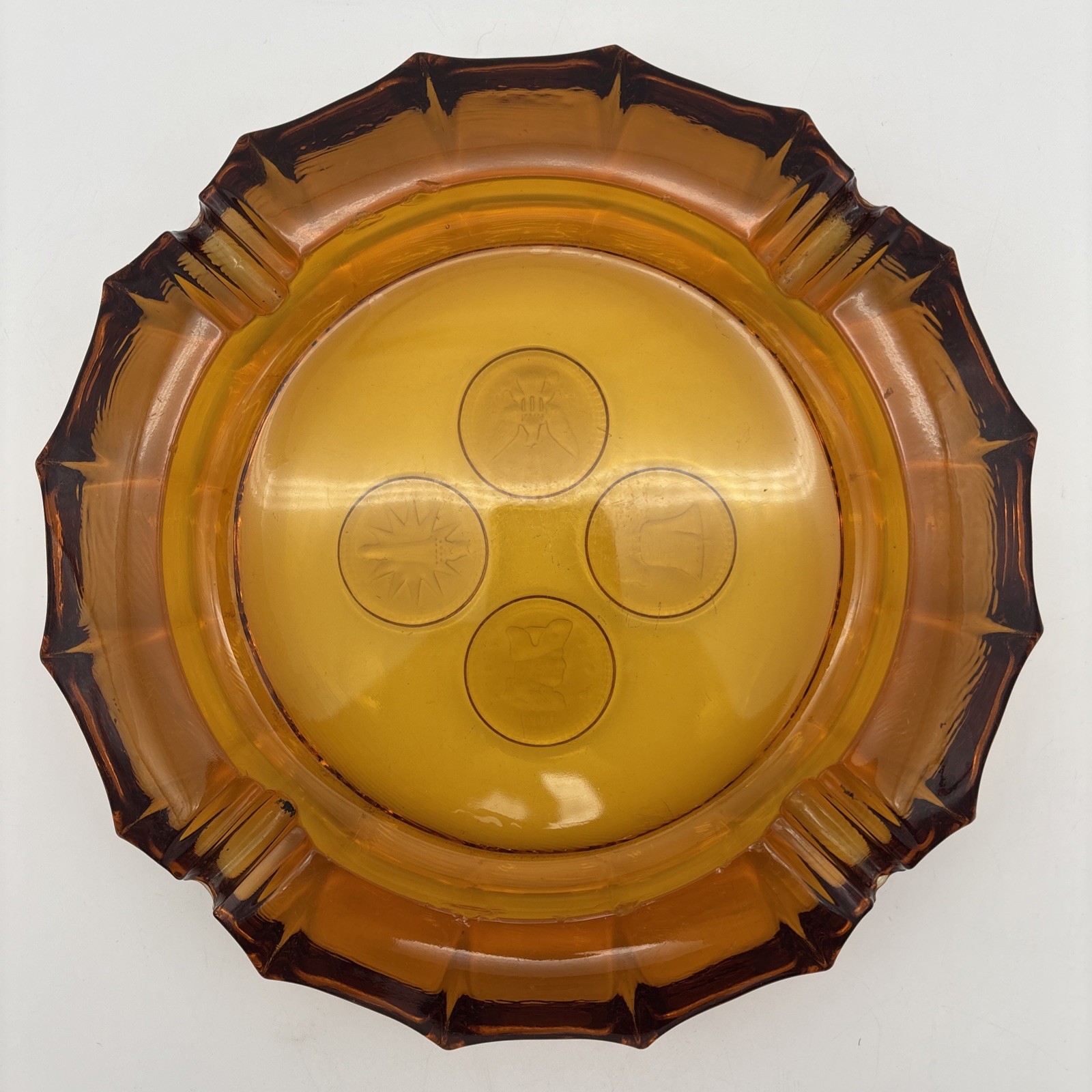 VTG mid-century Fosteria Amber Glass  4 Cigar ashtray with 4 Coin Impressio