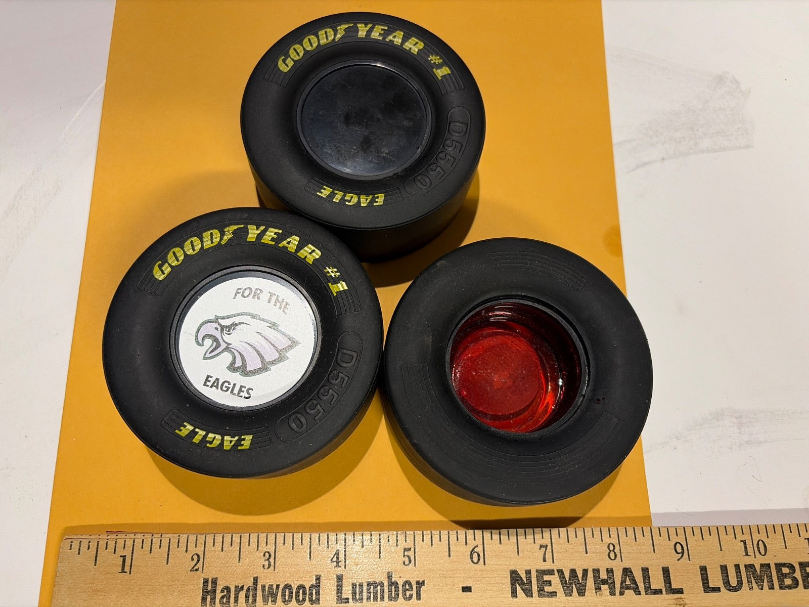(3) DIFFERENT GOODYEAR EAGLE RUBBER TIRE ASHTRAYS  WITH COMPARTMENT