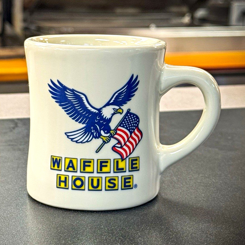 Waffle House Since 1955 Eagle & American Flag White Advertising Coffee Mug Waffle House Since 1955 Eagle & American Flag White Advertising Coffee Mug