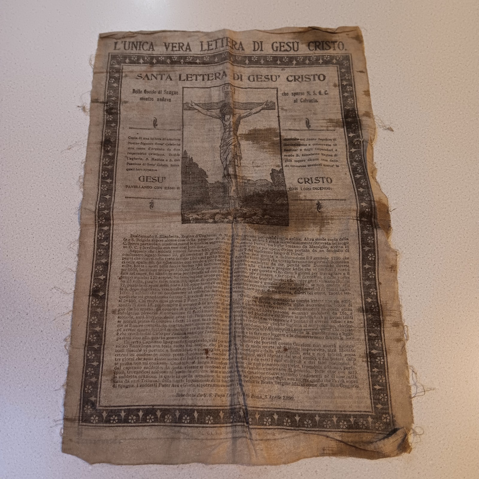 Antique 1890 Cloth Holy True Letter of Jesus Christ From Pope Leone XIII 